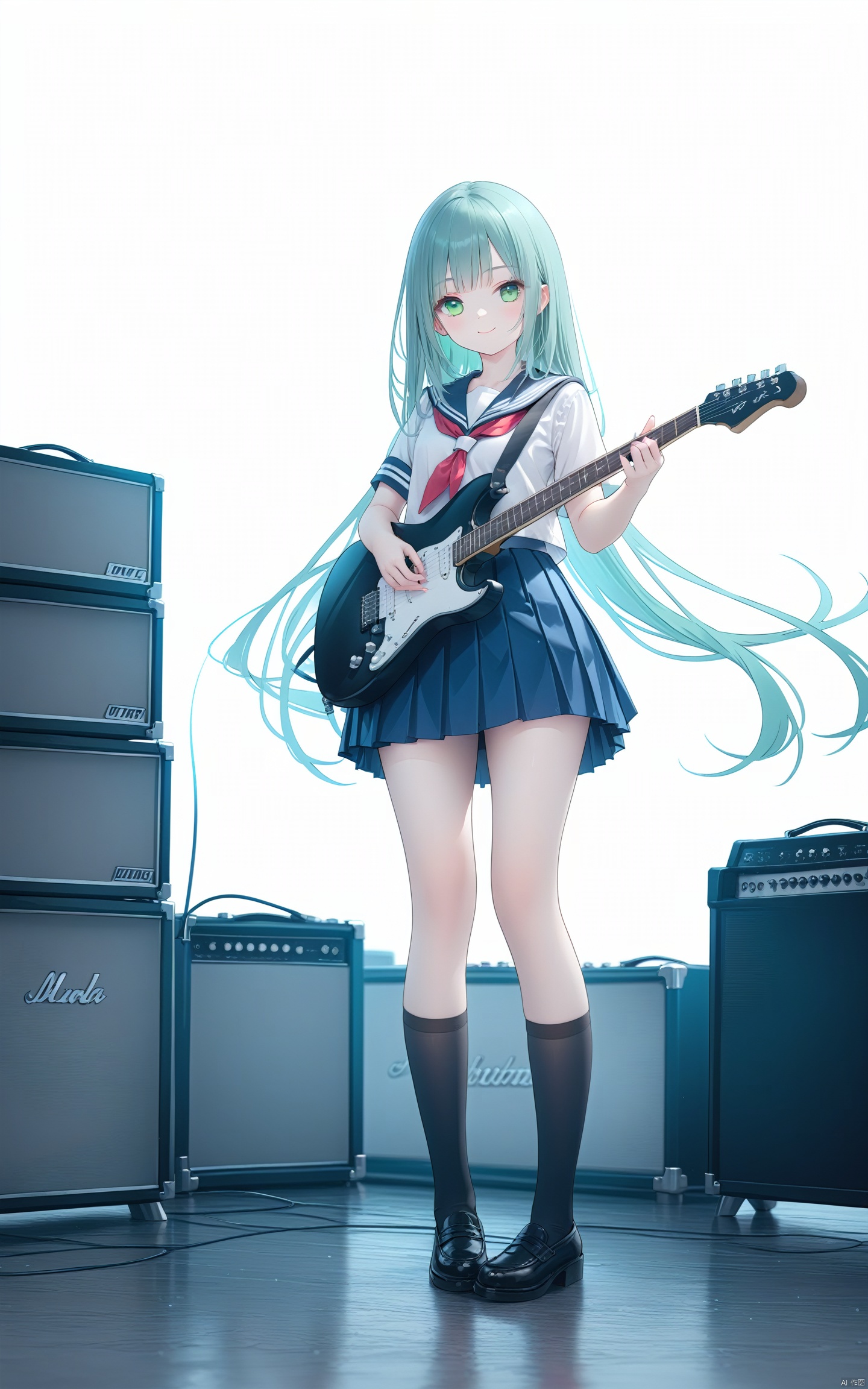  (masterpiece), (best quality), illustration, ultra detailed, hdr, Depth of field, (colorful),1girl, solo, long hair, instrument, green eyes, skirt, amplifier, school uniform, very long hair, guitar, pleated skirt, socks, serafuku, white background, holding, smile, looking at viewer, blue skirt, simple background, black footwear, full body, black socks, standing, electric guitar, short sleeves, sailor collar, shirt, neckerchief, kneehighs, white shirt, bangs, shoes, holding instrument, closed mouth