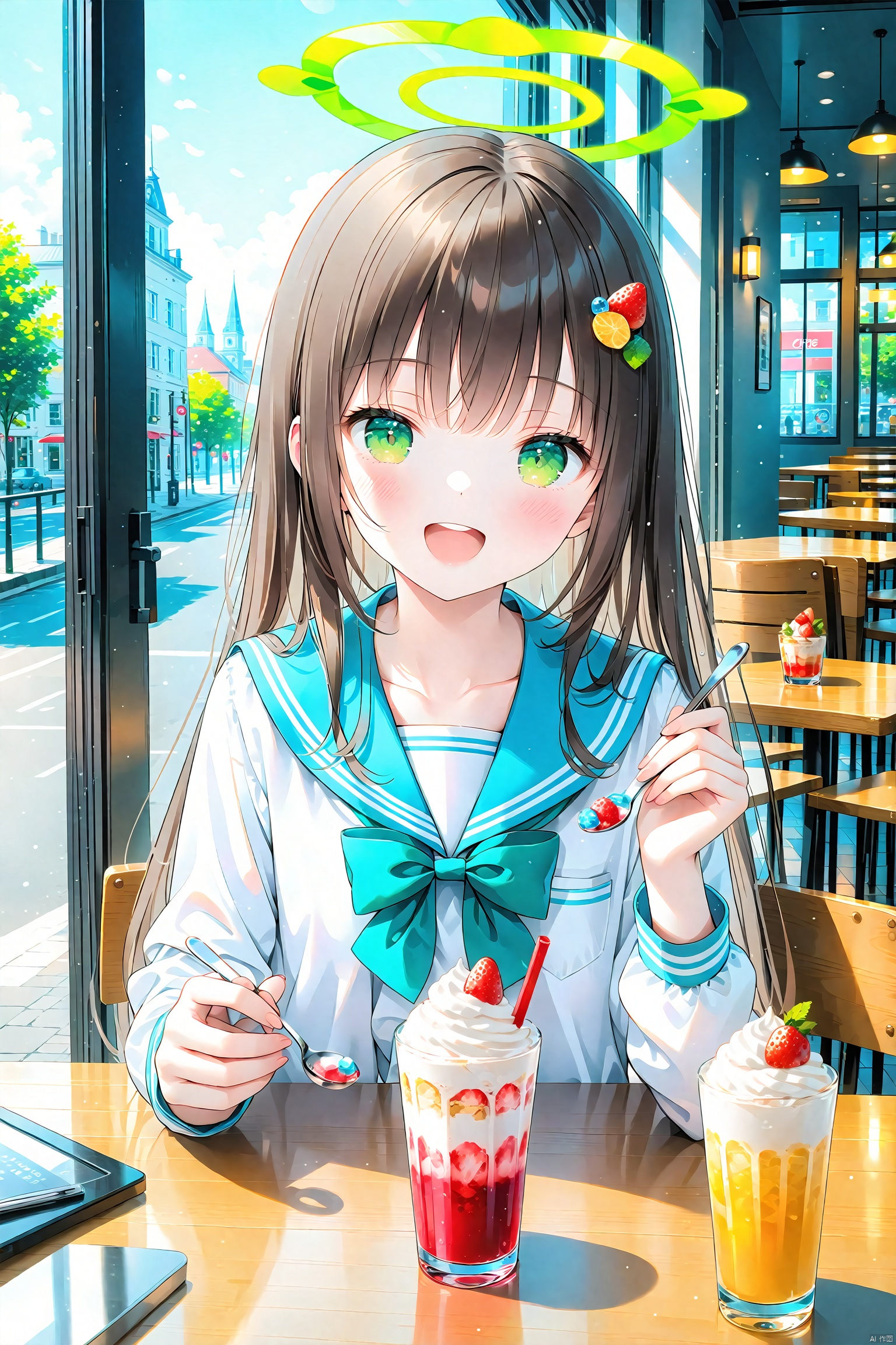  masterpiece,best quality,high quality,(colorful), 1girl, solo, drinking straw, halo, food, parfait, indoors, food-themed hair ornament, school uniform, brown hair, cup, holding, long hair, sailor collar, open mouth, blush, long sleeves, ice cream, hair ornament, restaurant, green eyes, smile, serafuku, window, white shirt, spoon, table, bow, fruit, blue sailor collar, shirt, sitting, upper teeth only, drinking glass, holding spoon, ice, teeth, building, ice cube, green halo, :d, drink, upper body, day, collarbone, strawberry, glass, bowtie, cafe, ice cream float, green bow