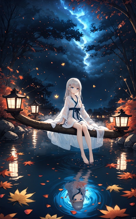 (masterpiece),(best quality),loli,(a girl),8 years old,(((((solo))))),dark,dark,dark,(((night))),(((autumn))),lantern,hairpin,wind,(flying petal:1.5),Dieffenbachia seguine Schott,maple,((Falling Maple Leaves)),((Tyndall effect)),sprinkle,Beautiful detailed water surface,Water Reflection,detailed water,ripple,fog,sitting,Tulle bathrobe,Wet clothing,The water reflects the starry sky,female focus,lovely face,extremely delicate and beautiful girls,blue eyes,diamond and glaring eyes,beautiful detailed glow,lateral view,1 gir,straight hair,silver hair,cleavage,braid,Slender waist,small breast,barefoot,
