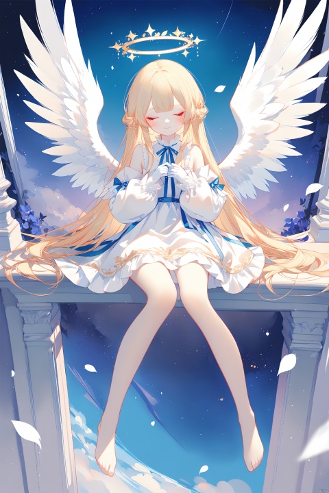 (masterpiece), (best quality), illustration, ultra detailed, hdr, Depth of field, (colorful),Artist:ask (askzy),[Artist:sheya],[Artist:chen bin], 1girl, solo, wings, barefoot, closed eyes, dress, halo, long hair, white dress, blush, sitting, closed mouth, feathered wings, facing viewer, very long hair, bare shoulders, long sleeves, white wings, puffy sleeves, smile, blonde hair, angel, detached sleeves, full body, angel wings, puffy long sleeves, white gloves, sleeves past wrists, bare legs, gloves, toes, ribbon, petals, feet, sky, sleeveless, white sleeves