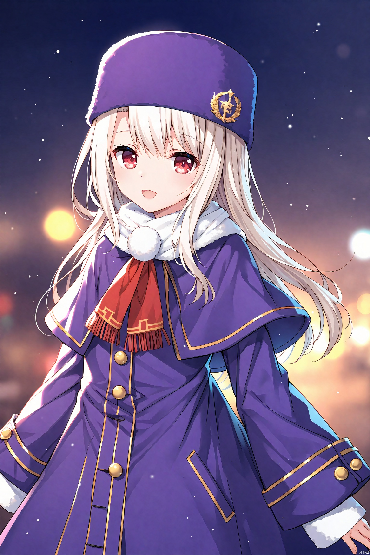 (masterpiece),(best quality),illustration,ultra detailed,hdr,Depth of field,(colorful),1girl,illyasviel von einzbern,purple headwear,solo,long hair,white hair,red eyes,hat,papakha,looking at viewer,fur hat,long sleeves,smile,purple coat,purple capelet,dress,capelet,open mouth,white scarf,coat,scarf,blurry background,blurry,purple jacket,