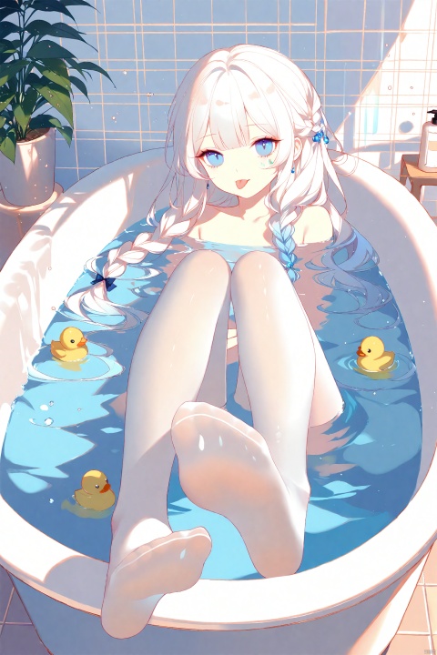 (masterpiece), (best quality), illustration, ultra detailed, hdr, Depth of field, (colorful),Artist:ask (askzy),[Artist:sheya],Artist:chen bin,1girl, bathtub, feet, solo, blue eyes, foot focus, toes, tongue out, tongue, soles, white hair, pantyhose, long hair, no shoes, white pantyhose, potted plant, looking at viewer, plant, foreshortening, bathing, water, indoors, bubble, blush, nude, partially submerged, bath, legs, braid, rubber duck