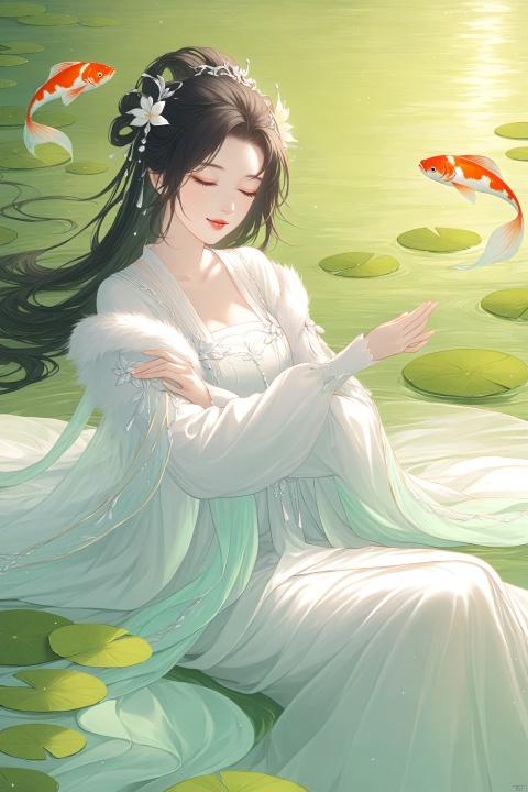 A serene and elegant young woman with striking black hair and a mesmerizing hairstyle, adorned with sparkling jewelry, sits solo on a lush green lily pad surrounded by tranquil water. Her stunning white dress flows down to her toes, complete with delicate fur trim and intricate design. Long sleeves drape elegantly across her arms as she gazes at the vibrant koi fish swimming beneath her. A subtle leaf rests beside her, while a small hair ornament catches the light. Her lips are closed in a gentle smile, exuding an air of quiet confidence and poise.