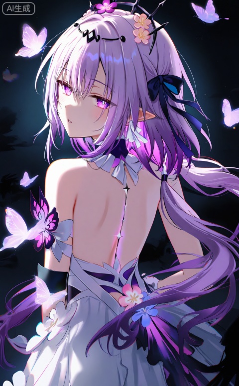 masterpiece,absurdres,best quality,((petite)),high quality,chromatic_aberration,dark,black theme,
//,
1girl, solo, long hair, looking at viewer, blush, bangs, hair ornament, dress, hair between eyes, bare shoulders, very long hair, purple eyes, purple hair, flower, parted lips, pointy ears, looking back, hair flower, from behind, white dress, butterfly , Castorice \(honkai: star rail\), ,Light, shadow ,