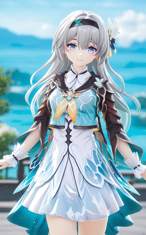  (masterpiece), (best quality), illustration, ultra detailed, hdr, Depth of field, (colorful),firefly \(honkai: star rail\), 1girl, solo, smile, long hair, looking at viewer, closed mouth, bangs, dress, hair ornament, long sleeves, blurry background, grey hair, black hairband, hair between eyes, jacket, blue eyes, white flower, outdoors
