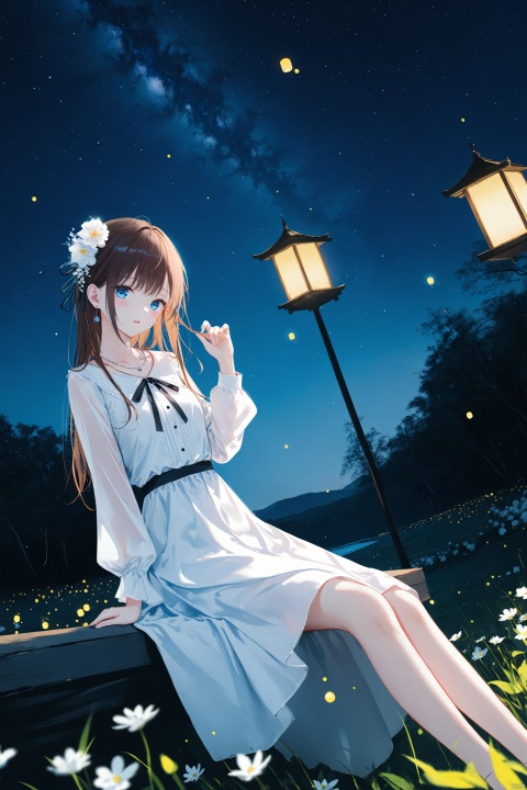 masterpiece,best quality,high quality,(colorful),[Artist toosaka asagi],[[[Artist wlop]]],[Artist chen bin],[Artist omone hokoma agm],Artist hiten (hitenkei), 1girl, solo, outdoors, dress, night, lantern, sitting, white dress, hair ornament, sky, blue eyes, long sleeves, fireflies, hand up, brown hair, dutch angle, blush, long hair, looking at viewer, flower, ribbon, night sky, hair flower, parted lips, black ribbon, jewelry, collarbone, star (sky), earrings, starry sky, blurry, neck ribbon, tree, depth of field, blurry foreground, open mouth, feet out of frame, white flower, necklace