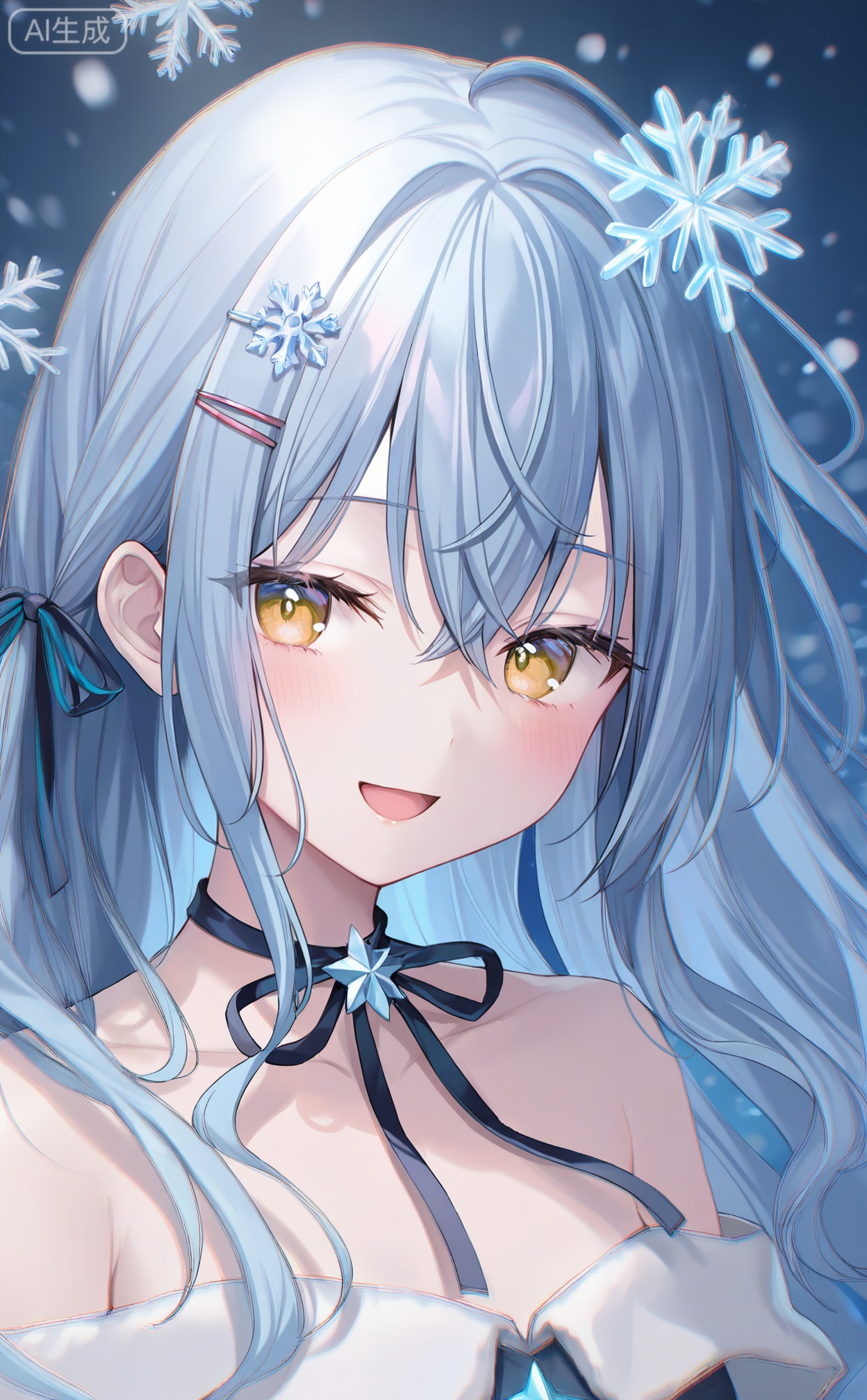 masterpiece,absurdres,best quality,((petite)),high quality,chromatic_aberration,hiny_skin,
//,
1girl, solo, blue_hair, long_hair, ribbon, yellow_eyes, looking_at_viewer, open_mouth, smile, hair_ornament, blue_ribbon, bare_shoulders, neck_ribbon, portrait, floating_hair, snowflakes, hair_ribbon, :d, collarbone, upper_body, hairclip, black_ribbon, sparkle
//,
(momoko_(momopoco):0.9),(momomoi_momoi:0.8),(misyune:0.75),(meion:1),(miwano_rag:0.6),(myowa:0.7),(myuu_(arisumeria):0.7),(myusha:0.9),