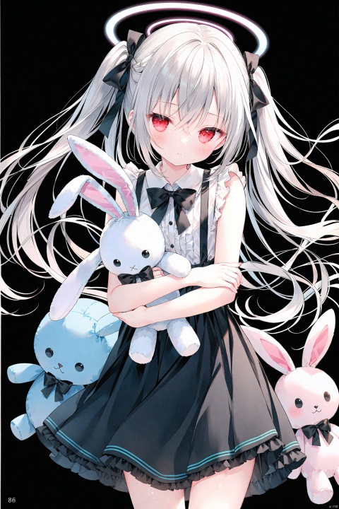  masterpiece,best quality,high quality,(colorful),[Artist onineko],[Artist chen bin],[Artist agwing86],Artist rurudo, 1girl, halo, twintails, stuffed toy, solo, stuffed animal, long hair, looking at viewer, stuffed rabbit, sleeveless, bare shoulders, red eyes, bow, hair bow, page number, braid, dress, holding, black bow, frills, closed mouth, simple background, holding stuffed toy, white hair, grey hair, bandages, bowtie, black skirt, ribbon, sleeveless dress, white shirt, black background, shirt, hair between eyes, bare arms