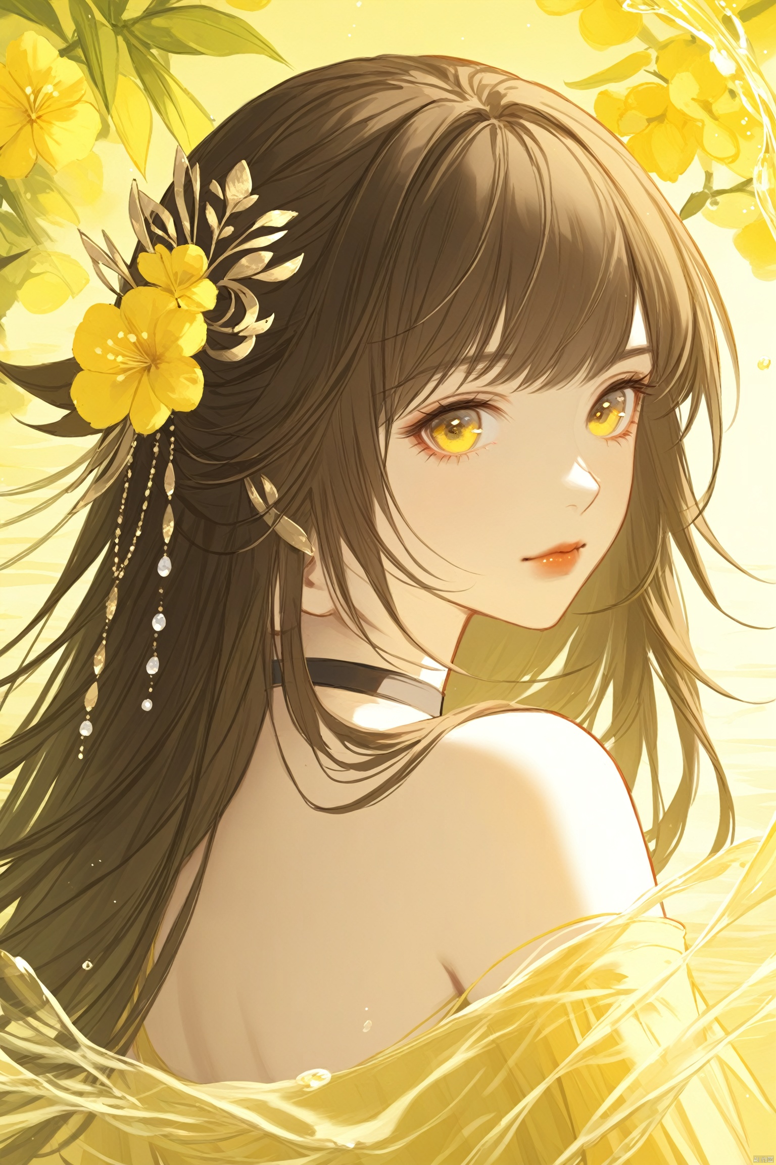 masterpiece,best quality,1girl, solo, hair ornament, brown hair, long hair, yellow eyes, upper body, choker, water, bare shoulders, looking at viewer, closed mouth, flower, looking back, yellow theme, dress