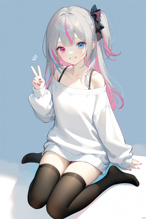 (masterpiece), (best quality), illustration, ultra detailed, hdr, Depth of field, (colorful),Artist:ask (askzy),Artist:chen bin,1girl, heterochromia, solo, blue eyes, long hair, smile, grey hair, streaked hair, v, sweater, thighhighs, multicolored hair, pink hair, sitting, collarbone, black thighhighs, looking at viewer, grin, pink eyes, white background, red eyes, bow, long sleeves, no shoes, simple background, off-shoulder sweater, one side up, nail polish, pink nails, off shoulder, hair bow, notice lines