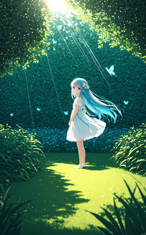  (masterpiece), (best quality), illustration, ultra detailed, hdr, Depth of field, (colorful), loli,wide shot,(depth of field),global illumination,soft shadows,backlight,lens flare,((colorful refraction)),((cinematic lighting),looking outside,with butterfly,1girl with lightblue long hair and blue aqua eyes,hair flowers,hime cut,sunlight,blurry background,blurry,garden,White Dress,
