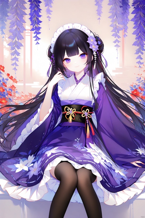 (masterpiece), (best quality), illustration, ultra detailed, hdr, Depth of field, (colorful),Artist:ask (askzy),[Artist:sheya],[Artist:chen bin],  1girl, solo, thighhighs, flower, purple eyes, black thighhighs, smile, kimono, japanese clothes, hair flower, long hair, hair ornament, maid headdress, purple hair, frills, sitting, blush, looking at viewer, maid, closed mouth, wa maid, long sleeves, feet out of frame, hand up, knees up, wide sleeves, sash, apron, obi, black hair, very long hair, purple kimono, blunt bangs, off shoulder, white apron
