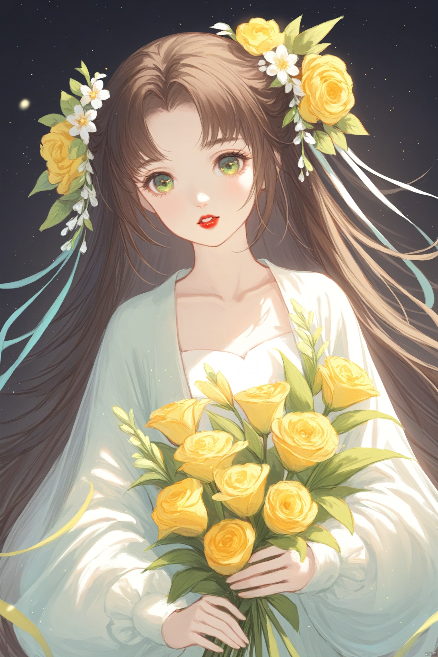 masterpiece,best quality,high quality,(colorful),loli,1girl, flower, solo, long hair, brown hair, holding, looking at viewer, upper body, hair ornament, black background, long sleeves, holding flower, yellow flower, parted lips, light particles, collarbone, green eyes, hair flower, red lips, bouquet