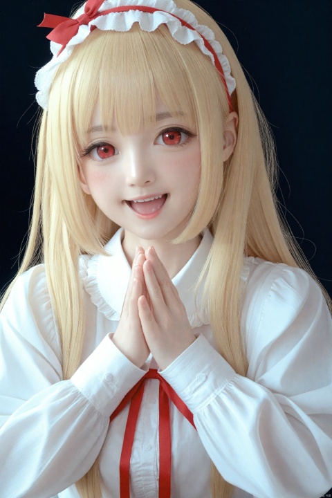 masterpiece,Realism,best quality,loli,1girl, solo, blonde hair, red eyes, long hair, looking at viewer, smile, long sleeves, open mouth, upper body, black background, bangs, blush, hairband, :d, own hands together, puffy sleeves, frills, bow, ribbon, white shirt, shirt, hands up, BREAK, fine fabric emphasis, best quality,amazing quality,very aesthetic,absurdres,masterpiece,best quality,amazing quality,very aesthetic,absurdres,