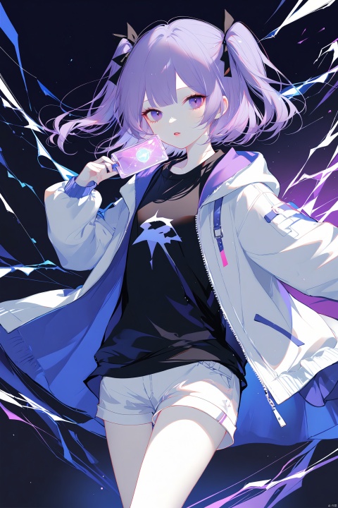 (masterpiece), (best quality), illustration, ultra detailed, hdr, Depth of field, (colorful),Artist:ask (askzy),[Artist:sheya],[Artist:chen bin],1girl, solo, looking at viewer, shorts, purple hair, white shorts, electricity, purple eyes, jacket, long sleeves, twintails, blush, shirt, parted lips, open mouth, two side up, black shirt, holding, short shorts