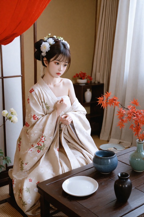 masterpiece,Realism,best quality,loli,1girl,flower,solo,hair ornament,white flower,plate,chinese clothes,black hair,indoors,hair flower,table,holding,sitting,hanfu,red lips,off shoulder,wide sleeves,leaf,long sleeves,updo,brown hair,bare shoulders,curtains,closed mouth,japanese clothes,black eyes,collarbone,realistic,looking down,single bare shoulder,floral print,makeup,short hair,cup,lips,chair,kimono,blurry,hair bun,vase,hand up,looking to the side,dress,