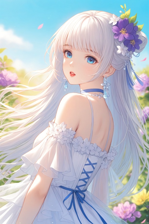 (masterpiece), (best quality), illustration, ultra detailed, hdr, Depth of field, (colorful), loli,1girl, flower, solo, hair ornament, white hair, hair flower, long hair, bare shoulders, holding flower, jewelry, earrings, looking at viewer, holding, upper body, purple flower, sky, bangs, parted lips, blue eyes, dress, blue sky, outdoors, day, petals, white dress, blurry, choker, blurry background,