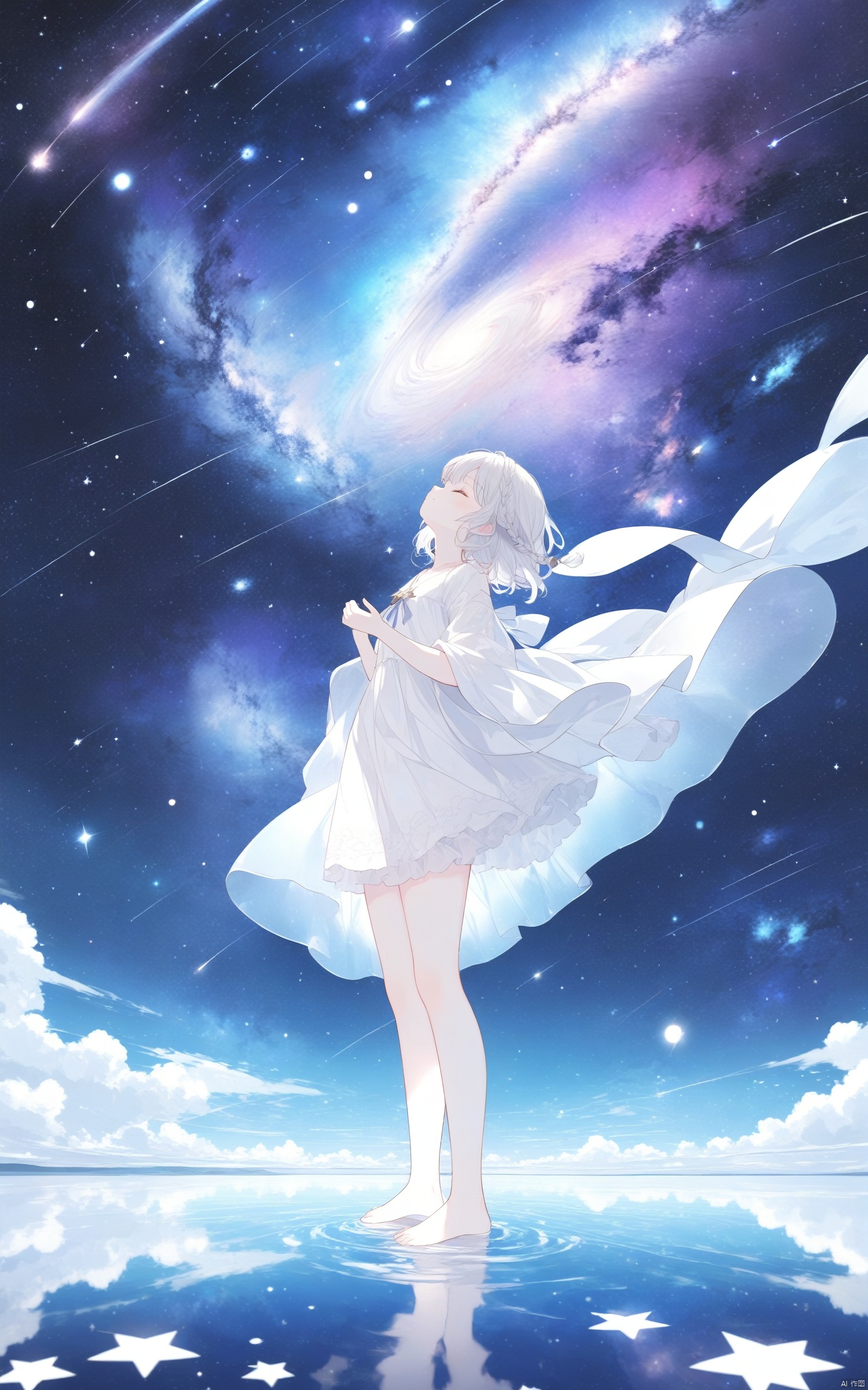  (masterpiece), (best quality), illustration, ultra detailed, hdr, Depth of field, (colorful), loli, ((an array of stars)), ((starry sky)), the Milky Way, star, Reflecting the starry water surface, (1girl:1.3), awhite hair, blinking, white dress, closed mouth, constel lation, white hair, braid, blinking, white robe, barefoot, float, flat color, looking up, standing, medium hair, standing, solo, space, universe, Nebula, many stars, fanxing