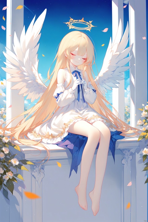 (masterpiece), (best quality), illustration, ultra detailed, hdr, Depth of field, (colorful),Artist:ask (askzy),[Artist:sheya],[Artist:chen bin], 1girl, solo, wings, barefoot, closed eyes, dress, halo, long hair, white dress, blush, sitting, closed mouth, feathered wings, facing viewer, very long hair, bare shoulders, long sleeves, white wings, puffy sleeves, smile, blonde hair, angel, detached sleeves, full body, angel wings, puffy long sleeves, white gloves, sleeves past wrists, bare legs, gloves, toes, ribbon, petals, feet, sky, sleeveless, white sleeves