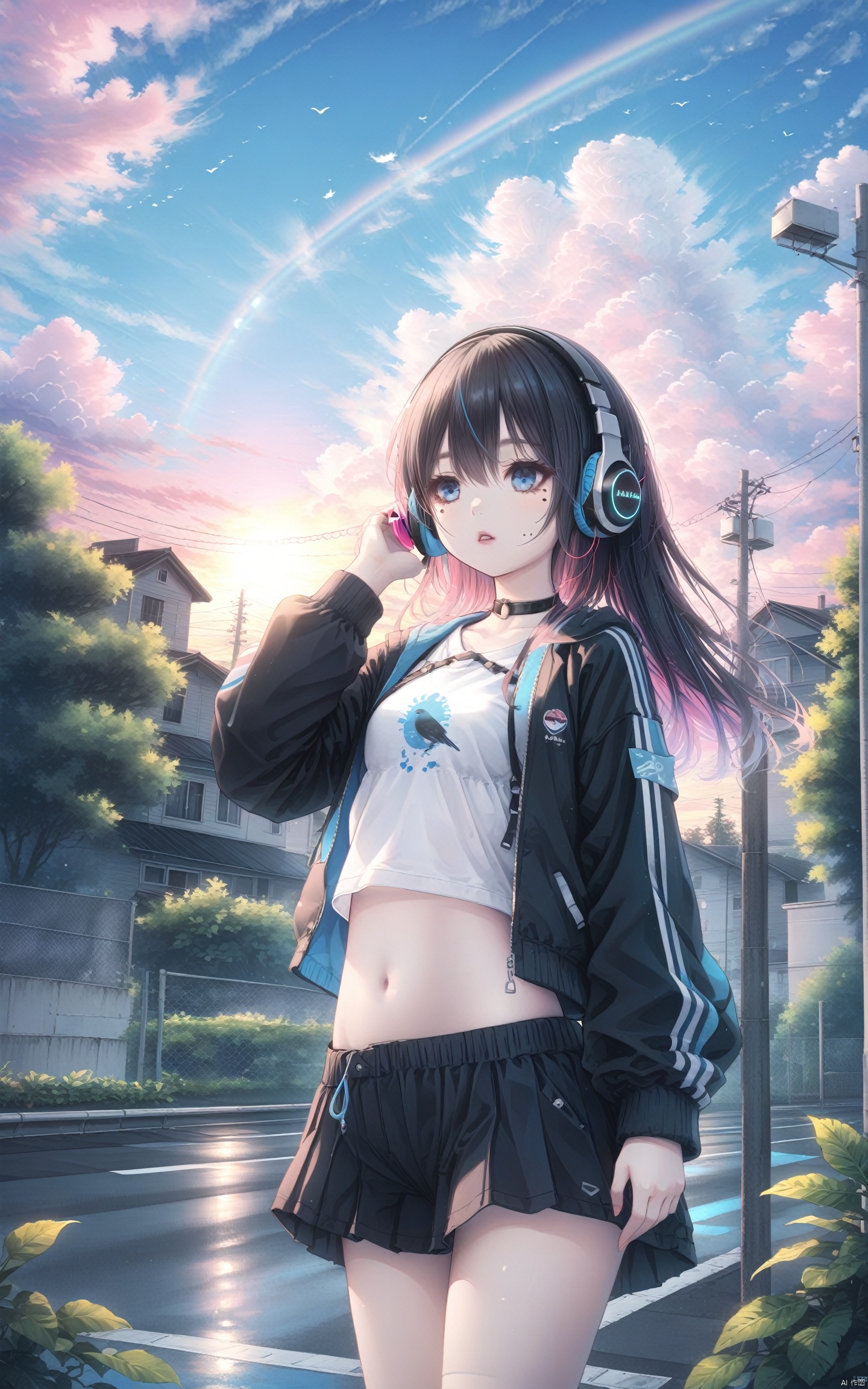 (masterpiece), (best quality), illustration, ultra detailed, hdr, Depth of field, (colorful), loli, 1girl, solo, headphones, long hair, jacket, black hair, blue eyes, black jacket, shirt, navel, mole under eye, parted lips, midriff, off shoulder, crop top, white shirt, open jacket, open clothes, mole, breasts, upper body, hair between eyes, hand on headphones, choker, looking to the side, medium breasts, long sleeves, floating hair, bangs, o-ring, short sleeves, looking away, hand in own hair, stomach, black choker ,outdoors, scenery, cloud, sky, tree, solo, railing, sunset, fence, power lines, utility pole, cloudy sky, sunlight, building, plant, standing, blue sky, road, chain-link fence, shadow, wide shot, cloud, outdoors, sky, rainbow, house, blue sky, power lines, utility pole, day, building, tree, cloudy sky, cumulonimbus cloud, bird, solo, summer, school uniform, artist name, short sleeves, cloud, sky, scenery, reflection, outdoors, sunset, sun, mirror, cloudy sky, sign, blue sky, moon, road sign