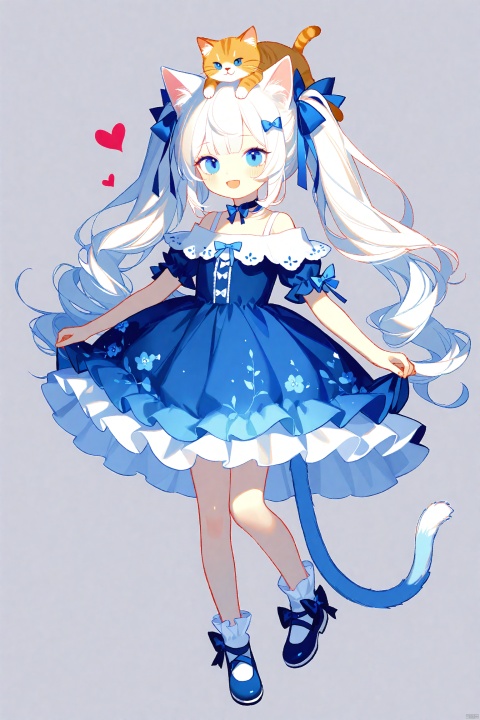 (masterpiece), (best quality), illustration, ultra detailed, hdr, Depth of field, (colorful),Artist:ask (askzy),[Artist:sheya],Artist:chen bin,[artist:tianliang duohe fangdongye],Artist:CyanAutumn, 1girl, animal ears, tail, dress, cat ears, blue footwear, white background, long hair, cat tail, blue eyes, shoes, cat girl, socks, smile, very long hair, full body, white hair, solo, animal ear fluff, white dress, off shoulder, white socks, simple background, twintails, bare shoulders, :d, ribbon, heart, blush, looking at viewer, off-shoulder dress, hair ribbon, choker, open mouth, bow, cat, animal, blue bow, on head, frills, blue ribbon, blue dress, hair ornament