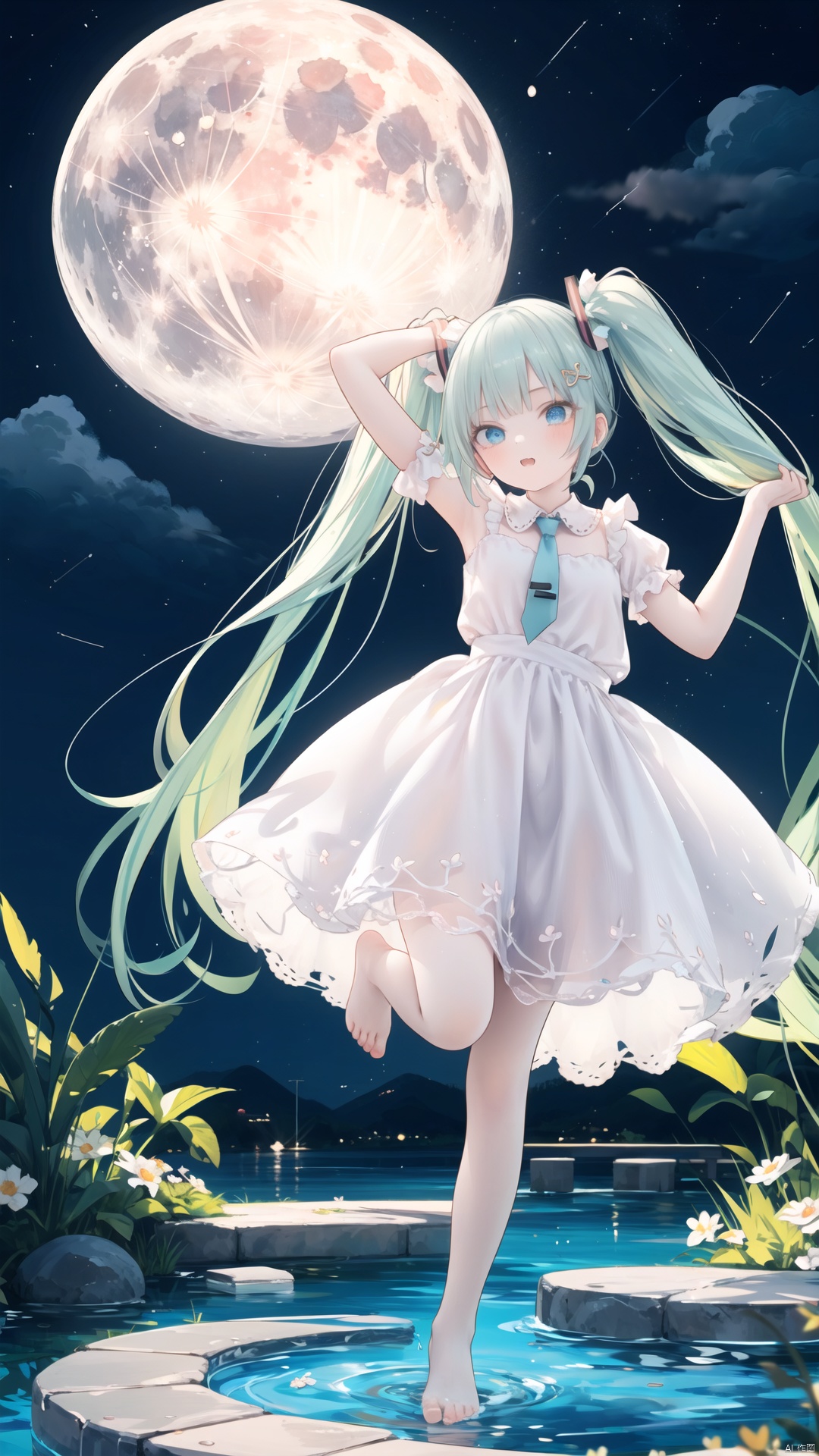  1girl, hatsune miku, long hair, very long hair, solo, absurdly long hair, dress, twintails, moon, barefoot, sky, white dress, star (sky), cloud, arm up, full moon, night, standing, night sky, water, starry sky, wide shot, standing on liquid, reflection, standing on one leg, full body, aqua hair, outdoors, hair ornament, tiptoes