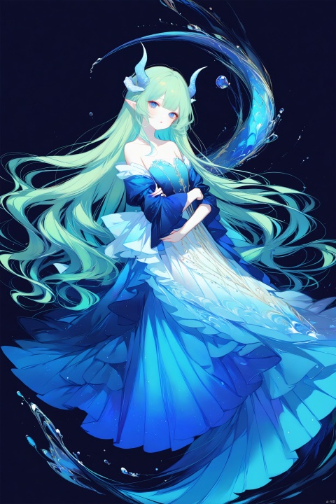 (masterpiece), (best quality), illustration, ultra detailed, hdr, Depth of field, (colorful),Artist:ask (askzy),[Artist:sheya],[Artist:chen bin], 1girl, solo, horns, long hair, monster girl, black background, blue eyes, water, dress, mermaid, very long hair, looking at viewer, blush, blue hair, pointy ears, bare shoulders, parted lips, crossed arms, simple background, full body, collarbone, head tilt, :o, breasts, green hair, blue dress, standing, strapless