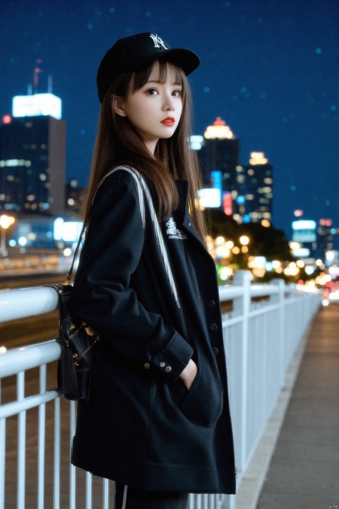 masterpiece,Realism,best quality,1girl,solo,blurry,hat,long hair,blurry background,black headwear,depth of field,jacket,looking at viewer,outdoors,brown hair,realistic,hands in pockets,black jacket,night,lips,red lips,city lights,black hair,closed mouth,bokeh,black eyes,upper body,brown eyes,coat,hand in pocket,city,bag,building,lipstick,from side,long sleeves,nose,railing,baseball cap,standing,