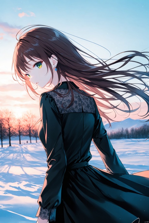  masterpiece,best quality,high quality,(colorful),[Artist miwano rag],[Artist toosaka asagi],[[[Artist wlop]]],[Artist chen bin],Artist hiten (hitenkei), 1girl, solo, long hair, outdoors, looking at viewer, bare tree, looking back, earrings, long sleeves, brown hair, sky, jewelry, blurry, tree, parted lips, floating hair, cloud, dress, day, depth of field, blurry foreground, from behind, black dress, green eyes, upper body