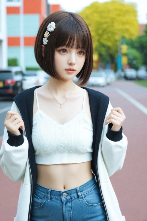  masterpiece,best quality,high quality,(colorful),Realism,1girl,solo,blurry background,blurry,short hair,denim,realistic,black hair,brown eyes,midriff,camisole,hair ornament,looking to the side,jeans,jacket,navel,lips,depth of field,pants,long sleeves,outdoors,open clothes,blunt bangs,crop top,shirt,white jacket,parted lips,bob cut,sleeves past wrists,photorealistic,nose,collarbone,upper body,hairclip,brown hair,open jacket,cowboy shot,hands up,