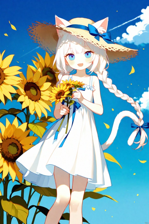 (masterpiece), (best quality), illustration, ultra detailed, hdr, Depth of field, (colorful),Artist:ask (askzy),[Artist:sheya],Artist:chen bin,[artist:tianliang duohe fangdongye],Artist:CyanAutumn, 1girl, hat, dress, animal ears, solo, tail, flower, braid, holding, cat tail, sunflower, white dress, cloud, holding flower, blue eyes, cat ears, sky, smile, white hair, outdoors, straw hat, cat girl, looking at viewer, sundress, open mouth, long hair, twin braids, blue sky, sleeveless, sleeveless dress, day, ribbon, petals, bow, feet out of frame, :d, blue ribbon, sun hat, hat ribbon, standing, hair bow, blue bow, bare shoulders, blush