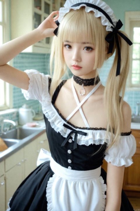 masterpiece,Realism,best quality,1girl,solo,blonde hair,realistic,indoors,drill hair,kitchen,frills,hair ornament,black dress,dress,bare shoulders,x hair ornament,apron,blurry,hairband,sink,looking at viewer,detached sleeves,maid headdress,maid,halterneck,lolita hairband,hairclip,twintails,blunt bangs,brown eyes,gothic lolita,twin drills,ribbon,black ribbon,window,marie rose,photorealistic,bathroom,choker,lolita fashion,blurry background,arm up,collarbone,hair ribbon,lips,white apron,closed mouth,scrunchie,long hair,tiles,upper body,frilled dress,criss-cross halter,frilled sleeves,tile wall,frilled hairband,short sleeves,depth of field,nail polish,medium hair,