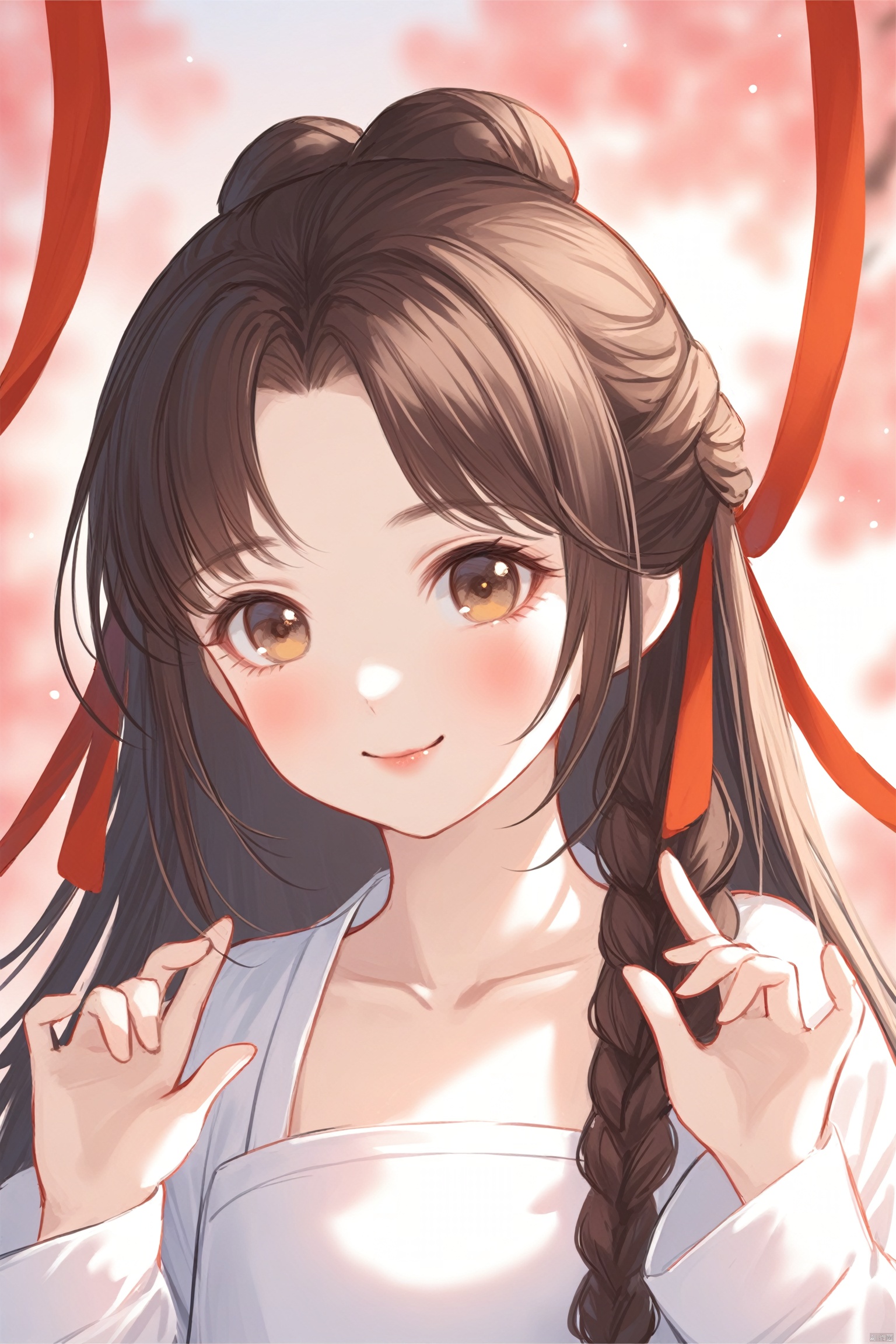 masterpiece,best quality,high quality,(colorful),loli,solo, long hair, brown hair, ribbon, braid, hair ribbon, long sleeves, looking at viewer, chinese clothes, red ribbon, smile, hair bun, brown eyes, blush, closed mouth, upper body, 1girl, parted bangs, hands up, male focus, blurry, collarbone, star (symbol)