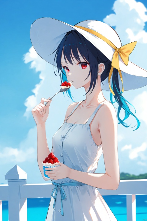 masterpiece,best quality,high quality,(colorful),[Artist toosaka asagi],[[[Artist wlop]]],[Artist chen bin],[Artist omone hokoma agm],Artist hiten (hitenkei), 1girl, solo, food, hat, outdoors, ice cream, dress, holding, ribbon, twintails, sleeveless, long hair, looking at viewer, day, sun hat, blurry, sleeveless dress, sky, spoon, eating, blurry background, holding food, ocean, white headwear, cloud, bare shoulders, railing, blue sky, artist name, holding spoon, black hair, white dress, upper body, sidelocks, hat ribbon, red eyes, depth of field, collarbone, bow, cloudy sky, yellow ribbon, sundress, bare arms, hair ribbon, collared dress, blue hair, buttons