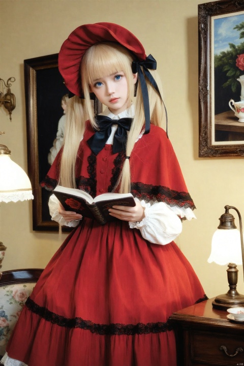 masterpiece,Realism,best quality,1girl,blonde hair,shinku,dress,book,blue eyes,solo,bonnet,bow,holding,flower,lamp,rose,looking at viewer,long hair,red dress,black bow,frills,bowtie,realistic,long sleeves,indoors,frilled dress,cup,lips,lolita fashion,red headwear,capelet,lace trim,twintails,holding book,black bowtie,teacup,open book,lace,red flower,picture frame,standing,closed mouth,hat,painting (object),red rose,lace-trimmed sleeves,blunt bangs,nose,ribbon,head tilt,desk lamp,