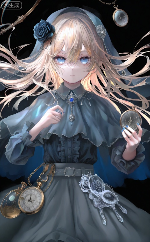 masterpiece,absurdres,best quality,petite,high quality,chromatic_aberration,fair_skin,
//,
1girl, solo, blue_eyes, black_flower, flower, black_rose, looking_at_viewer, long_hair, pocket_watch, jewelry, skirt, rose, blue_nails, black_background, nail_polish, frills, blonde_hair, shirt, hair_between_eyes, chain, long_sleeves, veil, center_frills, grey_skirt, closed_mouth, capelet, floating_hair, holding, simple_background, expressionless, watch, grey_capelet
