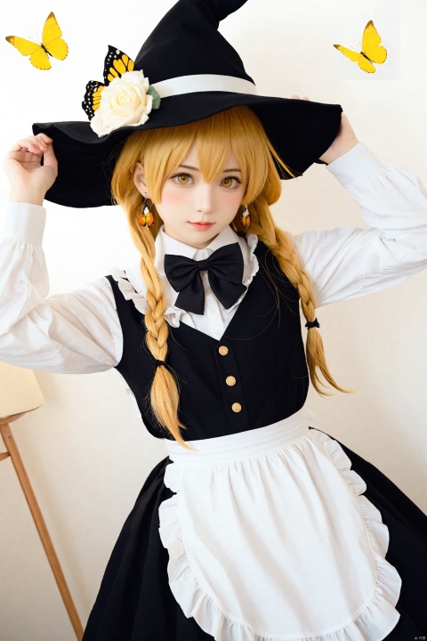  masterpiece,Realism,best quality,loli,1girl, hat, kirisame marisa, blonde hair, solo, yellow eyes, bug, witch hat, butterfly, long hair, braid, bow, flower, apron, black headwear, single braid, long sleeves, earrings, hair ornament, jewelry, white bow, hair flower, shirt, white shirt, closed mouth, hair between eyes, black bow, waist apron, white apron, hat bow, black skirt, white flower, blush, bowtie, skirt, black bowtie, looking at viewer, hair bow, rose, black vest, vest, frills, signature, buttons, hand on headwear, upper body, frilled apron, white rose, arms up, cowboy shot, yellow butterfly, arm up, hands up, artist name, side braid, ribbon