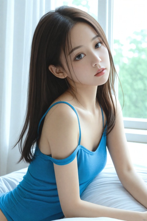  masterpiece,best quality,high quality,(colorful),Realism, 1girl, solo, long hair, window, black hair, realistic, blue camisole, indoors, lips, looking to the side, camisole, sitting, parted lips, curtains, strap slip, bare shoulders, black eyes, collarbone, upper body, spaghetti strap, brown hair, bed, on bed, day