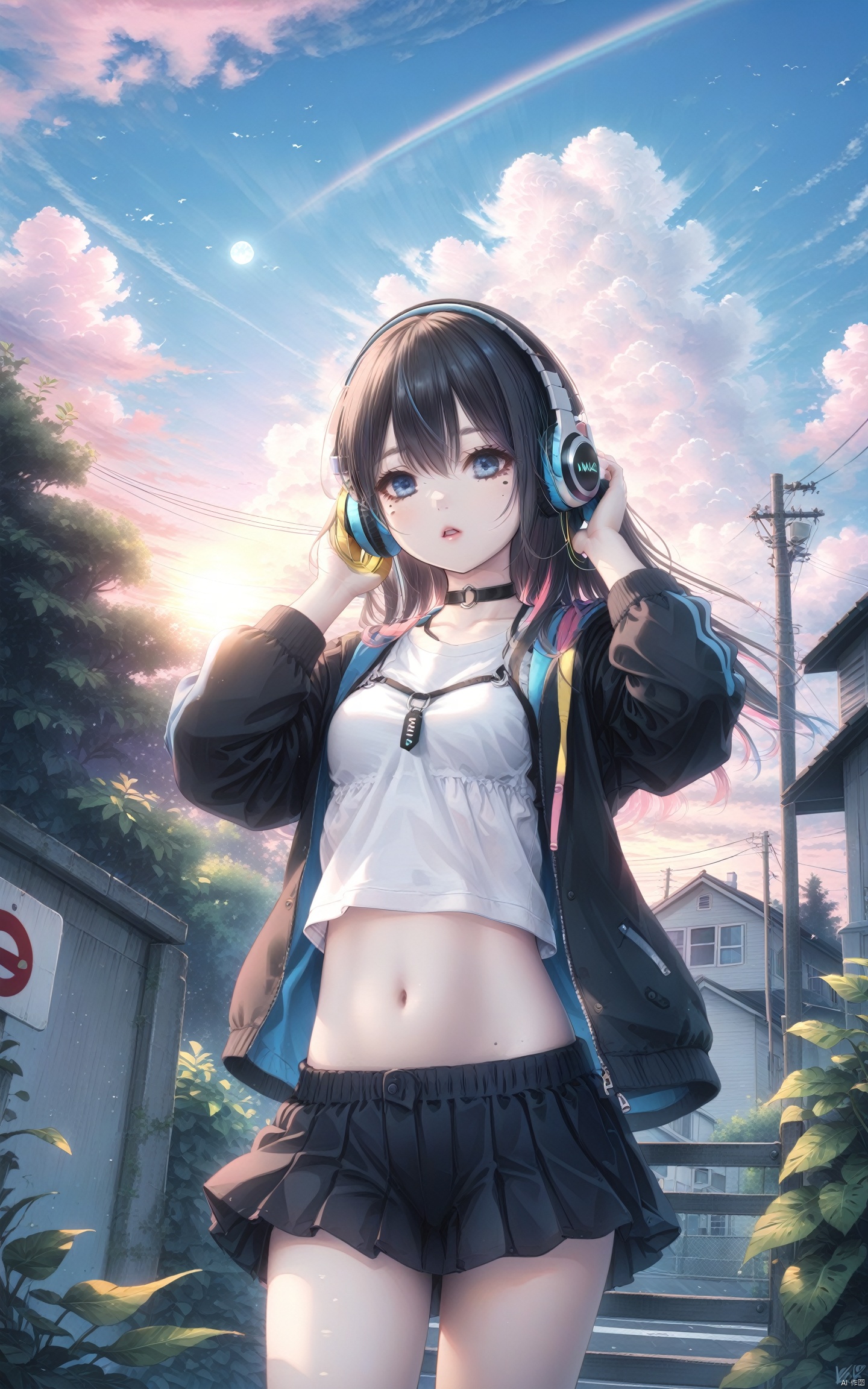 (masterpiece), (best quality), illustration, ultra detailed, hdr, Depth of field, (colorful), loli, 1girl, solo, headphones, long hair, jacket, black hair, blue eyes, black jacket, shirt, navel, mole under eye, parted lips, midriff, off shoulder, crop top, white shirt, open jacket, open clothes, mole, breasts, upper body, hair between eyes, hand on headphones, choker, looking to the side, medium breasts, long sleeves, floating hair, bangs, o-ring, short sleeves, looking away, hand in own hair, stomach, black choker ,outdoors, scenery, cloud, sky, tree, solo, railing, sunset, fence, power lines, utility pole, cloudy sky, sunlight, building, plant, standing, blue sky, road, chain-link fence, shadow, wide shot, cloud, outdoors, sky, rainbow, house, blue sky, power lines, utility pole, day, building, tree, cloudy sky, cumulonimbus cloud, bird, solo, summer, school uniform, artist name, short sleeves, cloud, sky, scenery, reflection, outdoors, sunset, sun, mirror, cloudy sky, sign, blue sky, moon, road sign