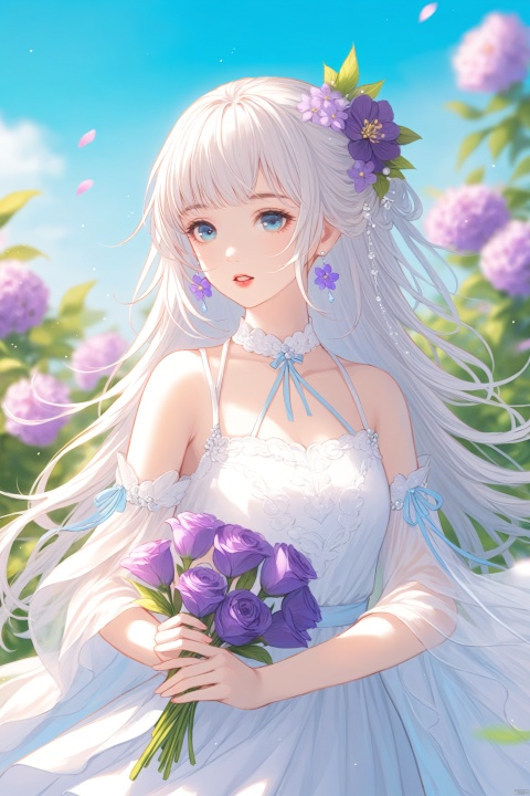 (masterpiece), (best quality), illustration, ultra detailed, hdr, Depth of field, (colorful), loli,1girl, flower, solo, hair ornament, white hair, hair flower, long hair, bare shoulders, holding flower, jewelry, earrings, looking at viewer, holding, upper body, purple flower, sky, bangs, parted lips, blue eyes, dress, blue sky, outdoors, day, petals, white dress, blurry, choker, blurry background,
