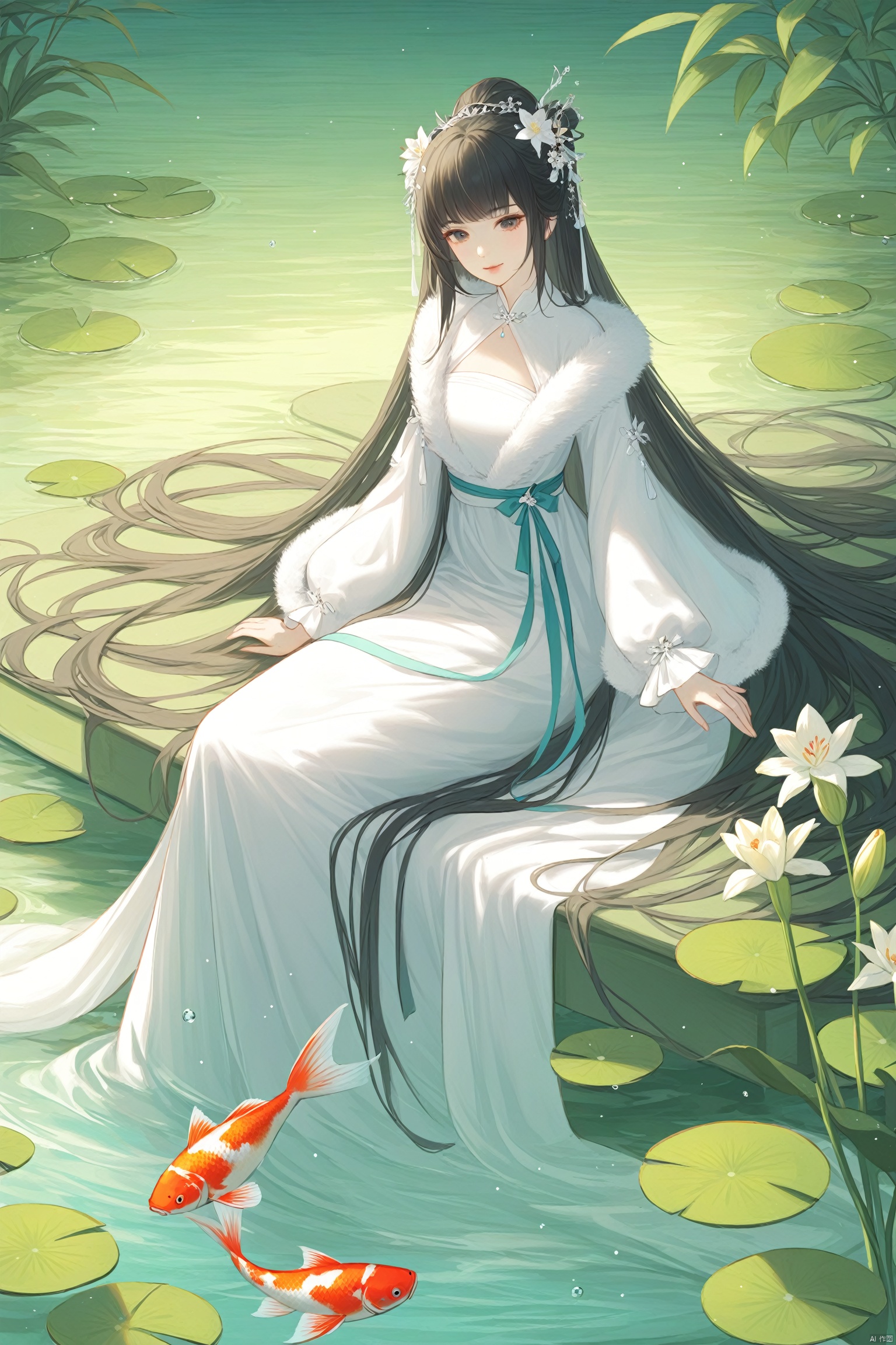 masterpiece,best quality,1girl, long hair, lily pad, solo, dress, sitting, water, black hair, long sleeves, hair ornament, fish, koi, white dress, closed mouth, fur trim, jewelry, leaf, very long hair