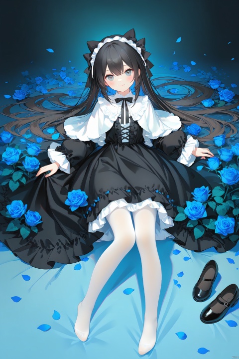 (masterpiece), (best quality), illustration, ultra detailed, hdr, Depth of field, (colorful),Artist:ask (askzy),Artist:chen bin,1girl,1girl, white pantyhose, solo, pantyhose, blue flower, flower, dress, rose, long hair, blue rose, bow, hair bow, no shoes, black dress, shoes, black bow, hair between eyes, frills, looking at viewer, unworn shoes, black hair, feet, frilled dress, lolita fashion, long sleeves, soles, very long hair, underwear, gothic lolita, petals, full body, smile, blue eyes, lying, blush, clothes lift, capelet, grey eyes, bed sheet, lifted by self