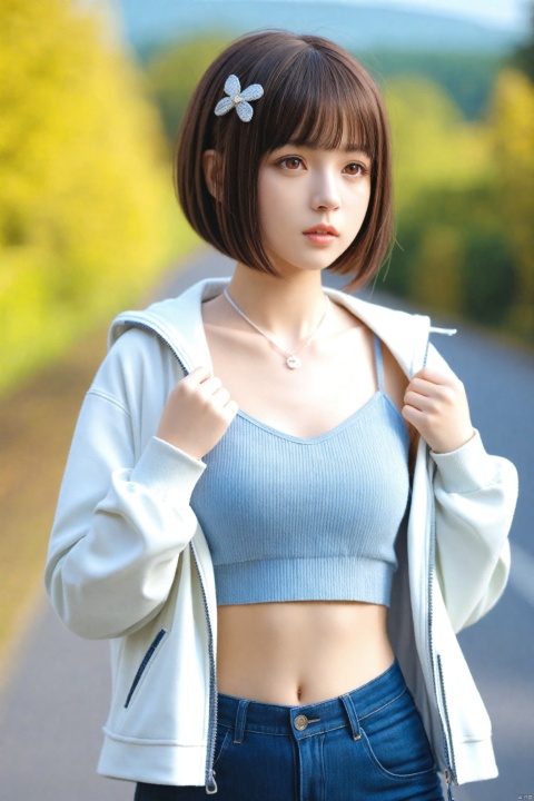  masterpiece,best quality,high quality,(colorful),Realism,1girl,solo,blurry background,blurry,short hair,denim,realistic,black hair,brown eyes,midriff,camisole,hair ornament,looking to the side,jeans,jacket,navel,lips,depth of field,pants,long sleeves,outdoors,open clothes,blunt bangs,crop top,shirt,white jacket,parted lips,bob cut,sleeves past wrists,photorealistic,nose,collarbone,upper body,hairclip,brown hair,open jacket,cowboy shot,hands up,