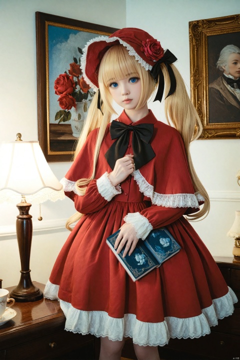  masterpiece,Realism,best quality,loli,1girl,blonde hair,shinku,dress,book,blue eyes,solo,bonnet,bow,holding,flower,lamp,rose,looking at viewer,long hair,red dress,black bow,frills,bowtie,realistic,long sleeves,indoors,frilled dress,cup,lips,lolita fashion,red headwear,capelet,lace trim,twintails,holding book,black bowtie,teacup,open book,lace,red flower,picture frame,standing,closed mouth,hat,painting (object),red rose,lace-trimmed sleeves,blunt bangs,nose,ribbon,head tilt,desk lamp,