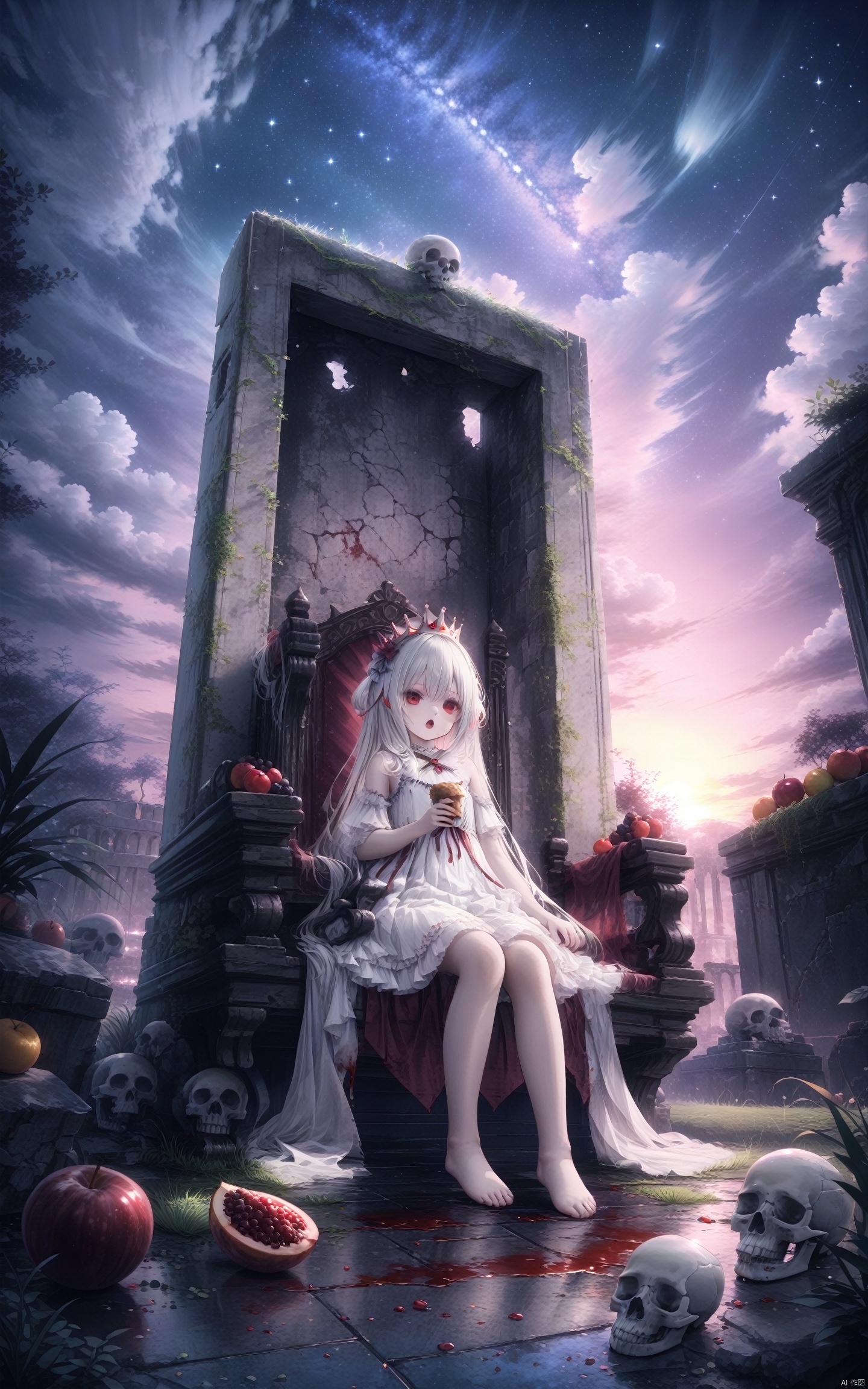 (masterpiece), (best quality), illustration, ultra detailed, hdr, Depth of field, (colorful), loli, 1girl, dress, white dress, red eyes, long hair, crown, white hair, barefoot, sitting , skull, food, throne, very long hair, blood , bone, open mouth, hair between eyes, solo, looking at viewer, fruit, bare shoulders ,sky, scenery, cloud, outdoors, star (sky), starry sky, ruins, tree, cloudy sky, night, overgrown, grass, night sky, sunset, plant