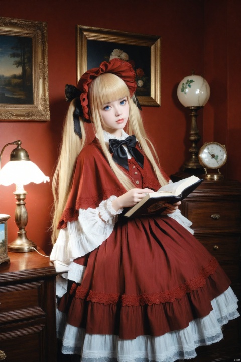 masterpiece,Realism,best quality,1girl,blonde hair,shinku,dress,book,blue eyes,solo,bonnet,bow,holding,flower,lamp,rose,looking at viewer,long hair,red dress,black bow,frills,bowtie,realistic,long sleeves,indoors,frilled dress,cup,lips,lolita fashion,red headwear,capelet,lace trim,twintails,holding book,black bowtie,teacup,open book,lace,red flower,picture frame,standing,closed mouth,hat,painting (object),red rose,lace-trimmed sleeves,blunt bangs,nose,ribbon,head tilt,desk lamp,