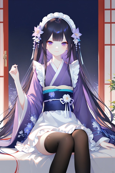 (masterpiece), (best quality), illustration, ultra detailed, hdr, Depth of field, (colorful),Artist:ask (askzy),[Artist:sheya],[Artist:chen bin],  1girl, solo, thighhighs, flower, purple eyes, black thighhighs, smile, kimono, japanese clothes, hair flower, long hair, hair ornament, maid headdress, purple hair, frills, sitting, blush, looking at viewer, maid, closed mouth, wa maid, long sleeves, feet out of frame, hand up, knees up, wide sleeves, sash, apron, obi, black hair, very long hair, purple kimono, blunt bangs, off shoulder, white apron