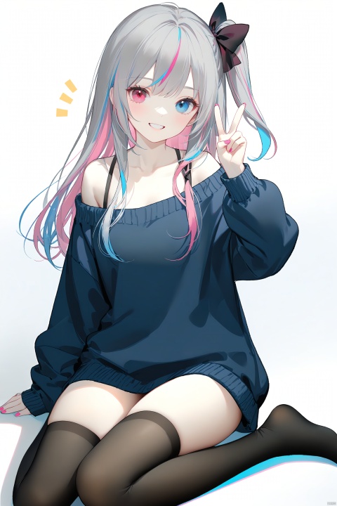 (masterpiece), (best quality), illustration, ultra detailed, hdr, Depth of field, (colorful),Artist:ask (askzy),Artist:chen bin,1girl, heterochromia, solo, blue eyes, long hair, smile, grey hair, streaked hair, v, sweater, thighhighs, multicolored hair, pink hair, sitting, collarbone, black thighhighs, looking at viewer, grin, pink eyes, white background, red eyes, bow, long sleeves, no shoes, simple background, off-shoulder sweater, one side up, nail polish, pink nails, off shoulder, hair bow, notice lines