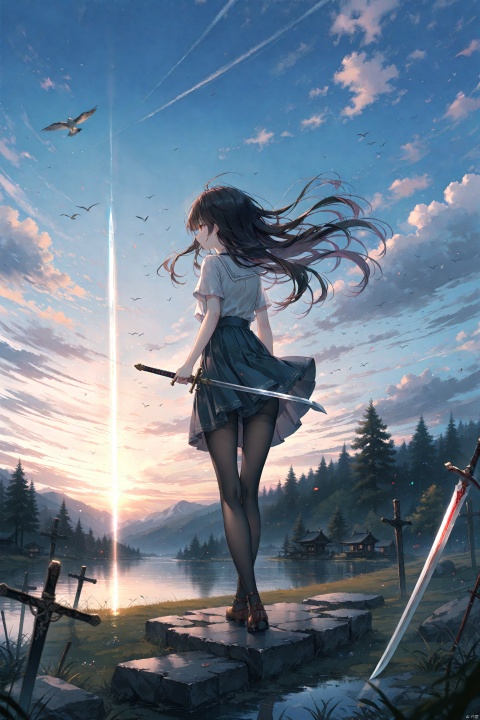 masterpiece,best quality,high quality,(colorful),[Artist onineko],[Artist chen bin],[Artist agwing86],Artist xukong, 1girl, scenery, weapon, long hair, solo, planted, sky, cloud, sword, bird, cloudy sky, outdoors, skirt, pantyhose, planted sword, from behind, black hair