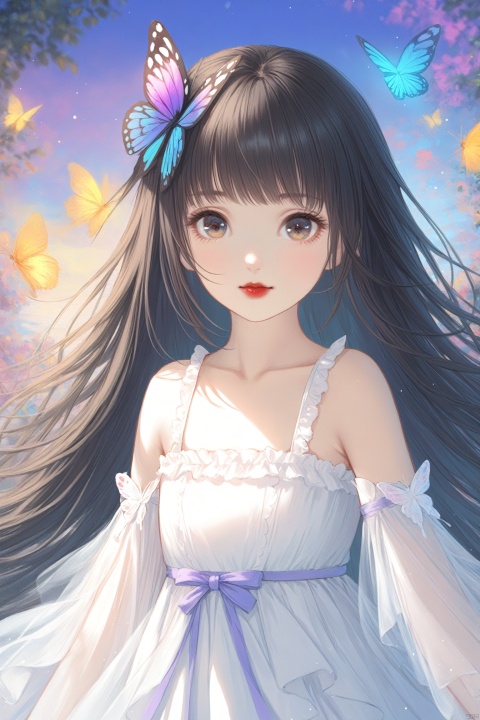 (masterpiece), (best quality), illustration, ultra detailed, hdr, Depth of field, (colorful), loli,1girl, solo, hair ornament, long hair, bug, butterfly, butterfly hair ornament, black hair, upper body, dress, bare shoulders, white dress, closed mouth, red lips, collarbone, looking at viewer